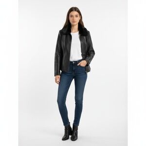 APT9 Women’s M Lambskin  Jacket Black Angora Rabbit Fur Collar Zipper Lining